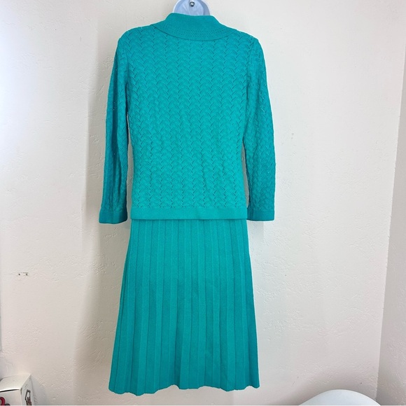 Kimberly Vtg 60s Knit Sweater Skirt Set Pointelle Knit Persian Green Size 8 - Picture 7 of 10